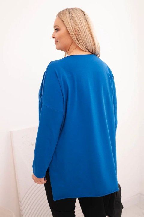 Bluzka damska Plus Size asymetryczna z długim rękawem chabrowa