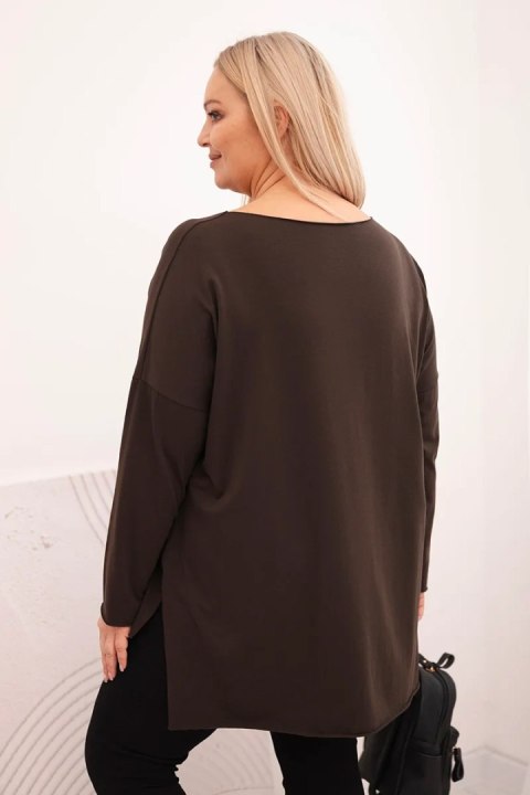 Bluzka damska bawełniana Plus Size asymetryczna z długim rękawem brązowa
