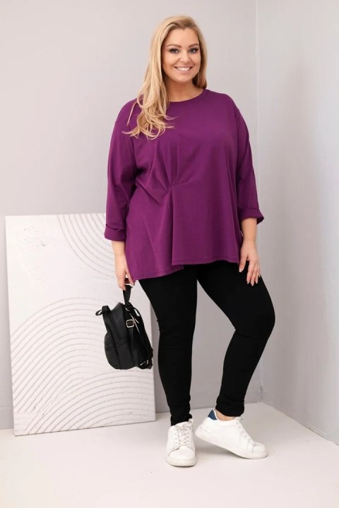 Bluzka damska plus size z bawełną z długim rękawem i marszczeniem ciemno fioletowa