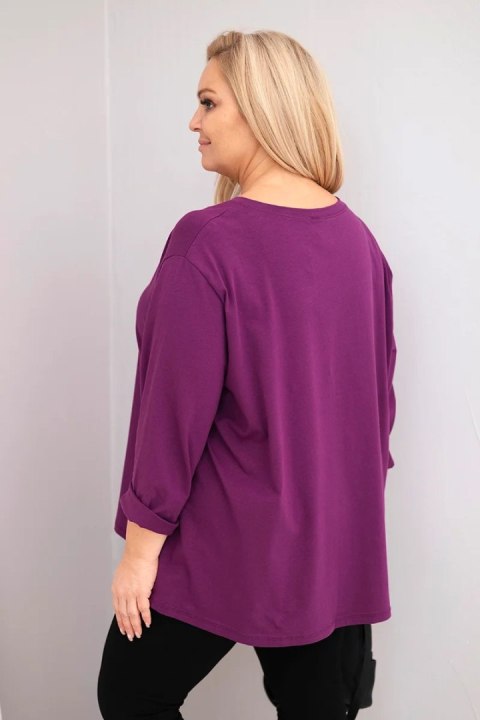 Bluzka damska plus size z bawełną z długim rękawem i marszczeniem ciemno fioletowa