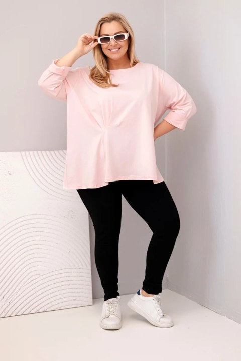 Bluzka damska plus size z bawełną z długim rękawem i marszczeniem pudrowy róż