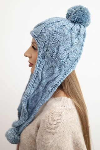 Czapka damska zimowa wełniana z pomponami i przedłużanymi bokami K448 turkusowa