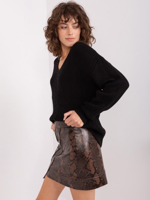 Czarny  Klasyczny Sweter z Warkoczowym Splotem