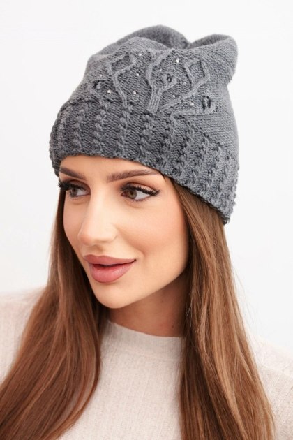 Czapka damska zimowa z wełną zdobiona cekinami i splotem K473 grafitowa