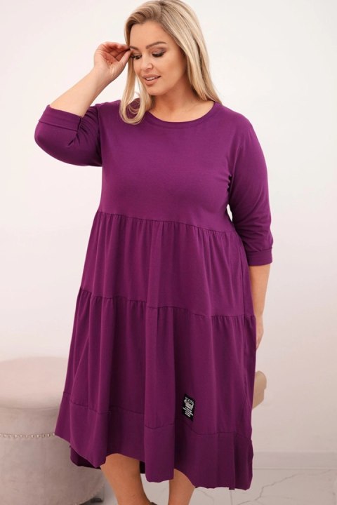 Sukienka damska bawełniana Plus Size z falbanami i podwiniętym rękawem ciemno fioletowa
