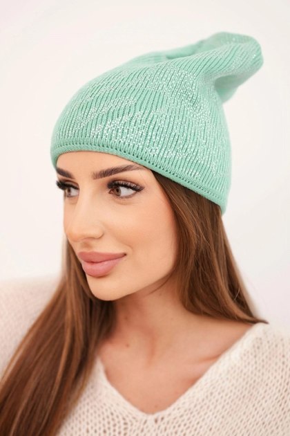 Czapka damska zimowa z moherem i połyskującym wzorem K502 miętowa