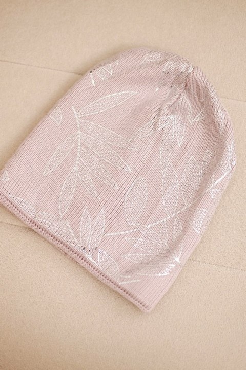 Czapka damska zimowa z moherem i połyskującym wzorem K502 pudrowy róż