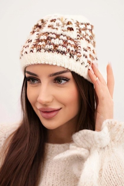 Czapka zimowa damska z kolorową przędzą i grubym ściągaczem K355 ecru+cappuccino+rudy