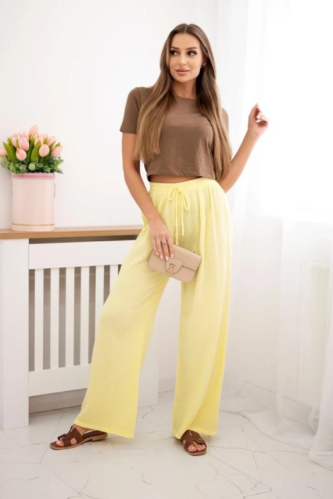 Słoneczne spodnie muślinowe damskie z szeroką nogawką w energetycznym kolorze żółtym