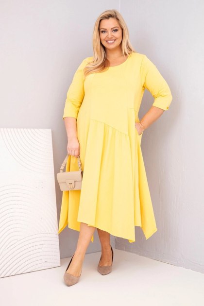 Sukienka damska bawełniana Plus Size z asymetrycznym dołem żółta