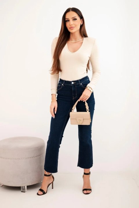 Bluzka damska z dekoltem V z długim rękawem beżowa