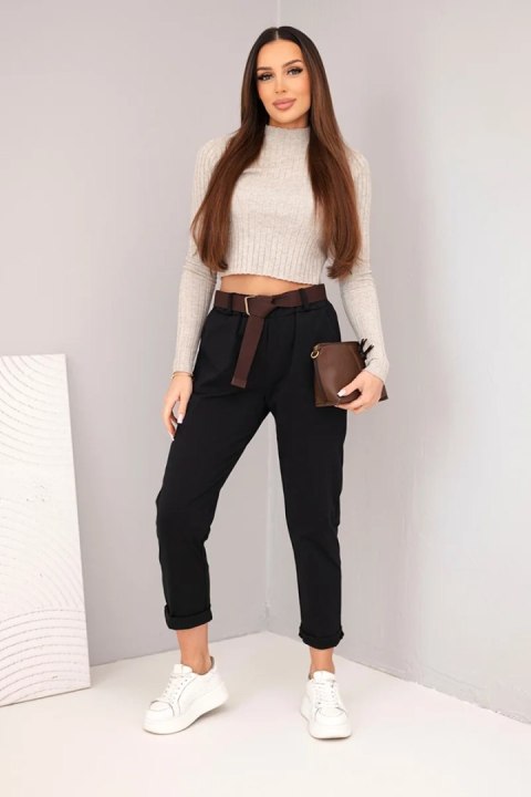 Czarne spodnie damskie bawełniane z wysokim stanem i modną podwijaną nogawką