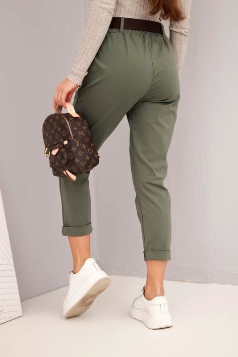 Spodnie damskie bawełniane z paskiem i podwijaną nogawką khaki