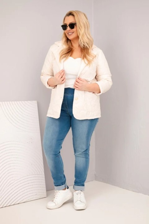 Kurtka damska Plus Size pikowana w kwiaty z kołnierzem i kieszeniami beżowa