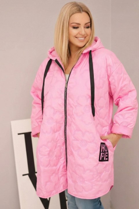 Kurtka damska Plus Size pikowana z kapturem i napisem HOPE jasno różowa
