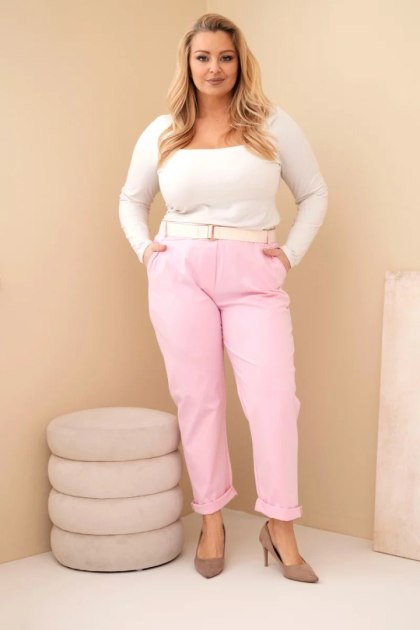 Spodnie damskie bawełniane Plus Size z paskiem jasno różowe