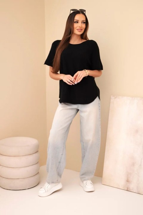 Elegancki czarny sweter damski z krótkim rękawem o swobodnym kroju typu oversize