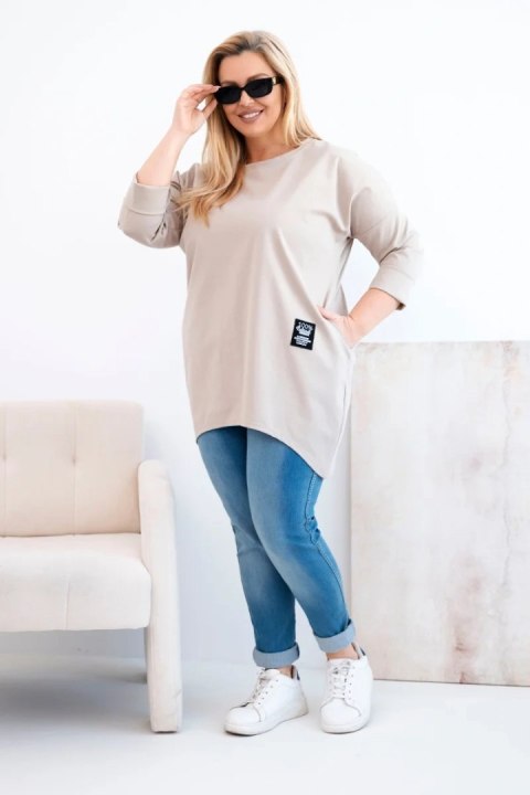 Bluzka damska Plus Size z dłuższym tyłem i długim rękawem ciemno beżowa