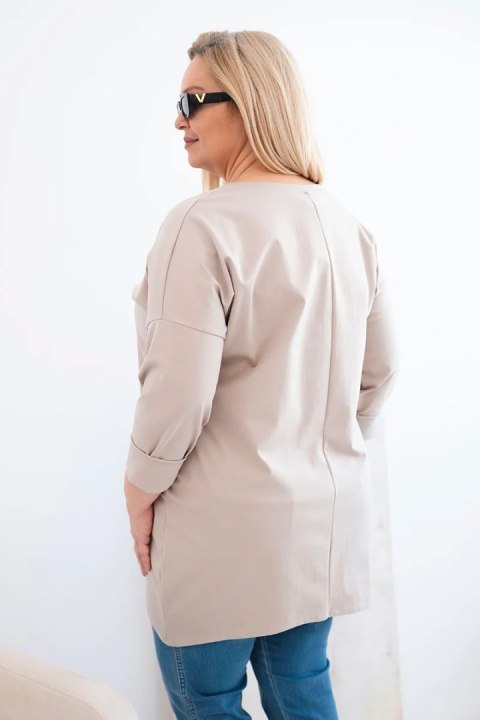 Bluzka damska Plus Size z dłuższym tyłem i długim rękawem ciemno beżowa