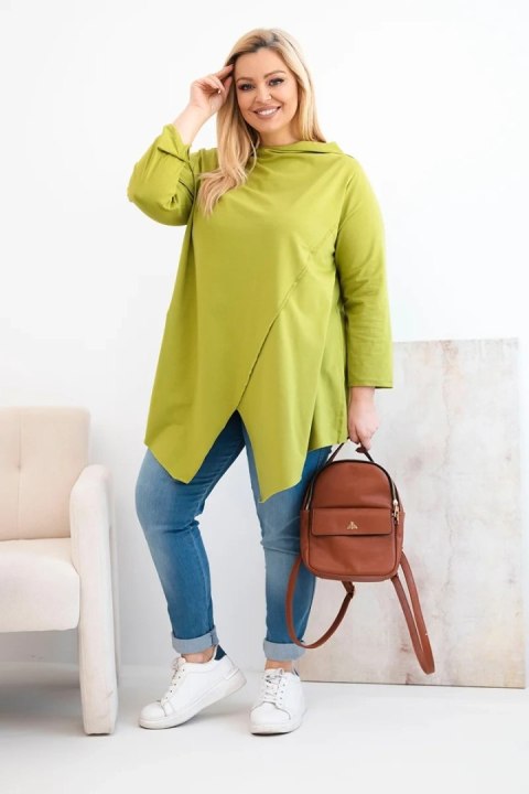 Bluzka damska bawełniana Plus Size asymetryczna z podwijanym rękawem oliwkowa