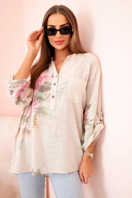 Bluzka damska z bawełny z kwiatowym wzorem i guzikami beżowa