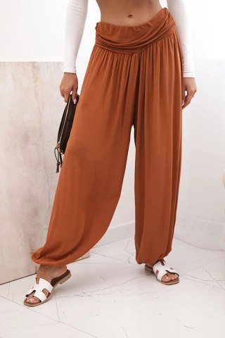 Spodnie damskie wiskozowe z szeroką nogawką i marszczeniami rude