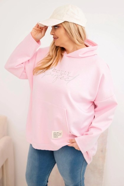 Bluza damska Plus Size z kapturem i nadrukiem cukierkowy róż