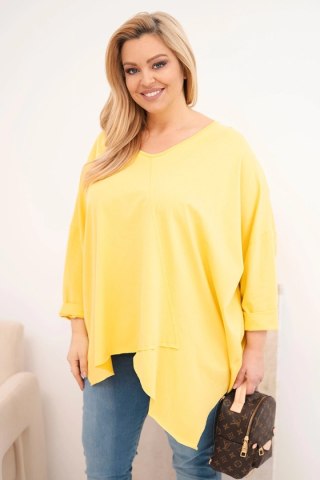Bluzka damska bawełniana Plus Size z asymetrycznym dołem i dekoltem V żółta