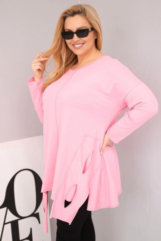 Bluzka damska bawełniana Plus Size z asymetrycznym dołem i wycięciami jasno różowa
