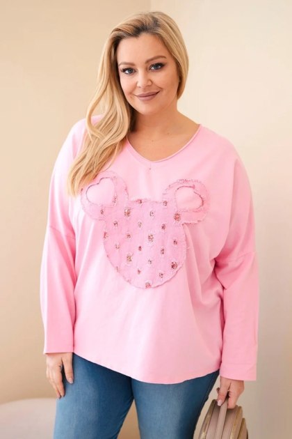 Bluzka damska bawełniana Plus Size z dekoltem V jasno różowa