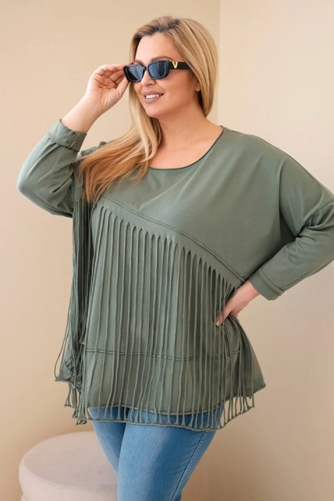 Bluzka damska bawełniana Plus Size z frędzlami khaki