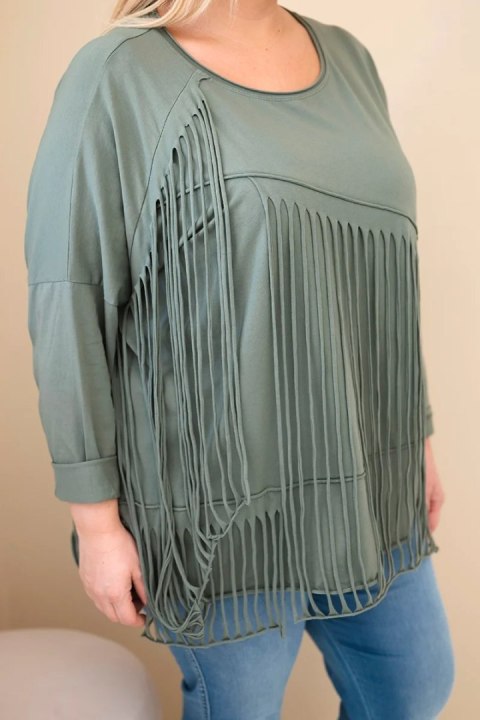 Bluzka damska bawełniana Plus Size z frędzlami khaki