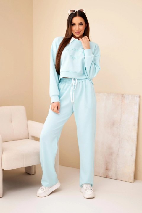 Komplet damski masełko bluza z kołnierzykiem i proste spodnie miętowy