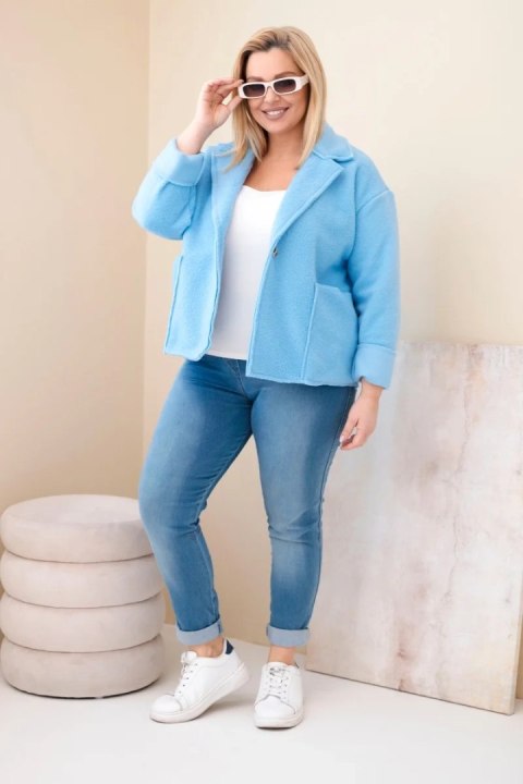 Kurtka damska Plus Size z wełnianą strukturą i kieszeniami niebieska