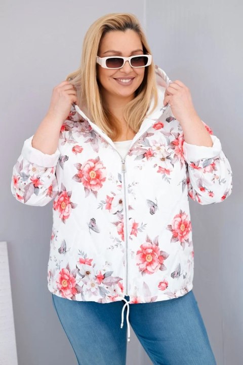 Kurtka damska wiosenna pikowana Plus Size z kapturem i kwiatowym wzorem biała