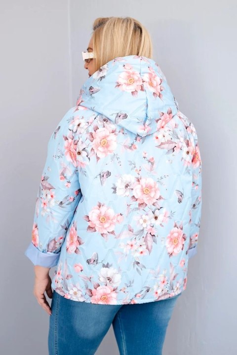 Kurtka damska wiosenna pikowana Plus Size z kapturem i kwiatowym wzorem niebieska