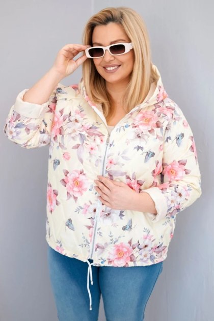 Kurtka damska wiosenna pikowana Plus Size z kapturem i kwiatowym wzorem żółta