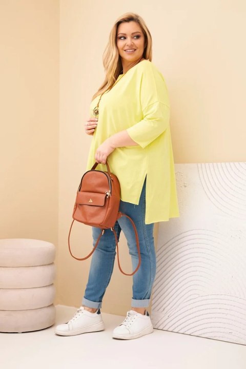 Bluzka damska bawełniana Plus Size asymetryczna z naszyjnikiem żółty neon