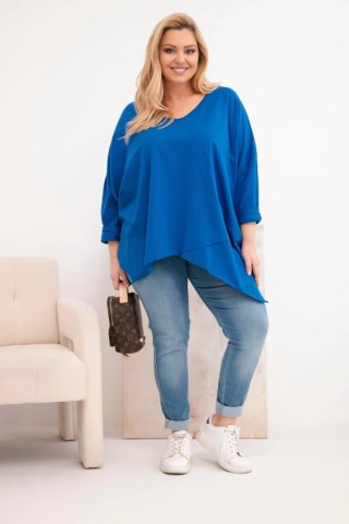 Bluzka damska bawełniana Plus Size z asymetrycznym dołem i dekoltem V chabrowa