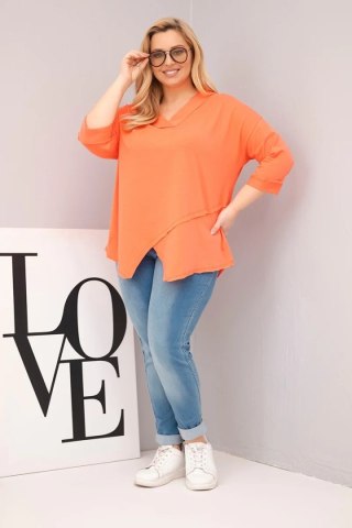Bluzka damska bawełniana Plus Size z głębokim dekoltem V i asymetrycznym dołem morelowa