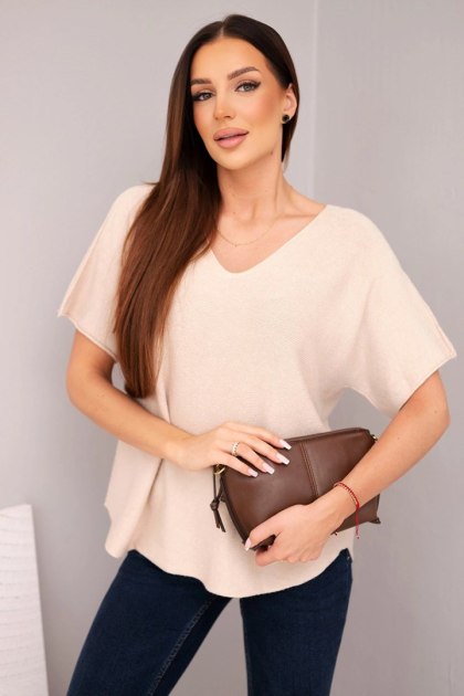 Bluzka damska sweterkowa z krótkim rękawem i dekoltem w serek beżowa