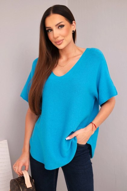 Bluzka damska sweterkowa z krótkim rękawem i dekoltem w serek turkusowa