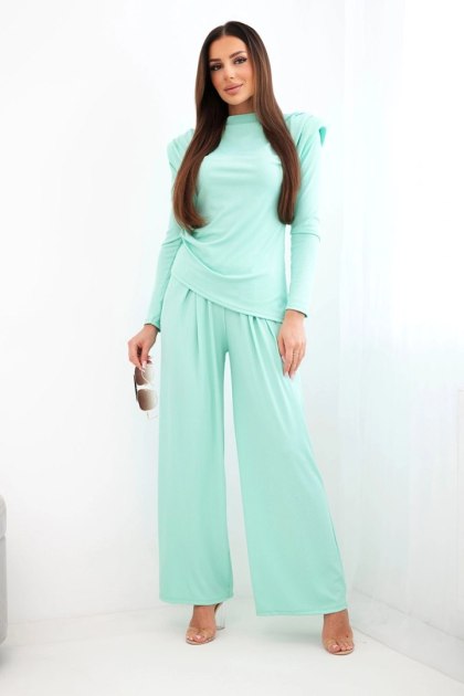 Komplet damski bawełniany z bluzką i spodniami z szeroką nogawką miętowy