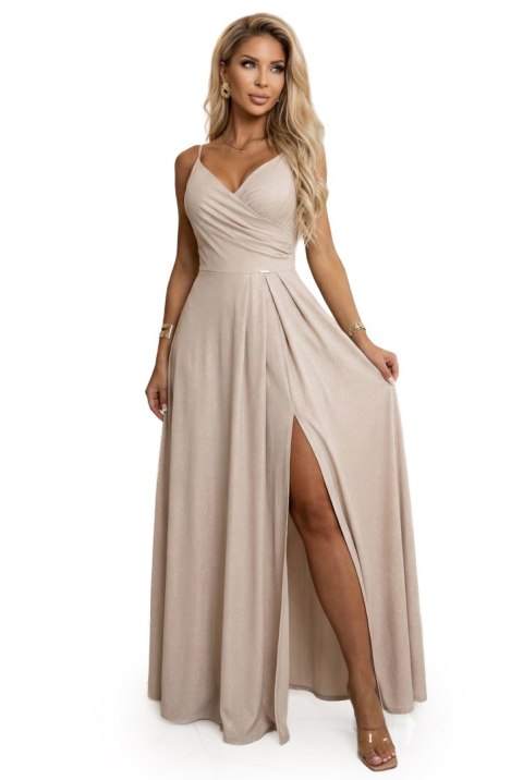 299-20 CHIARA Sukienka maxi na ramiączkach z kopertowym dekoltem i rozcięciem na nodze - szampański beż z brokatem