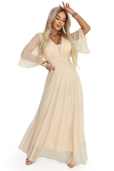 654-2 Długa połyskująca sukienka plus size z dekoltem i transparentnym rękawkiem - szampański beż