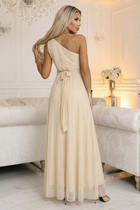 656-2 Długa błyszcząca suknia wieczorowa na jedno ramię - szampański beż
