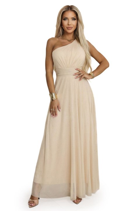 656-2 Długa błyszcząca suknia wieczorowa na jedno ramię - szampański beż