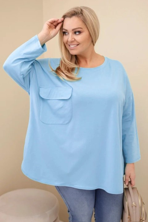 Bluzka damska Plus Size z bawełną z kieszenią i rękawem podwijanym niebieska