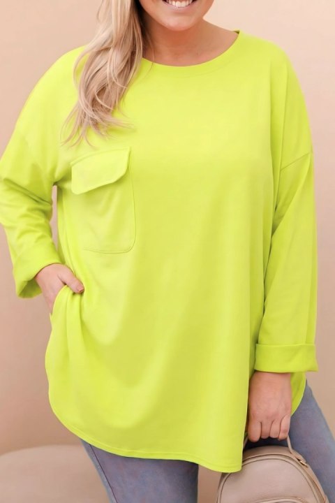 Bluzka damska Plus Size z bawełną z kieszenią i rękawem podwijanym pistacjowa