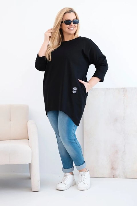 Elegancka czarna bluzka damska Plus Size z dłuższym tyłem i długim rękawem